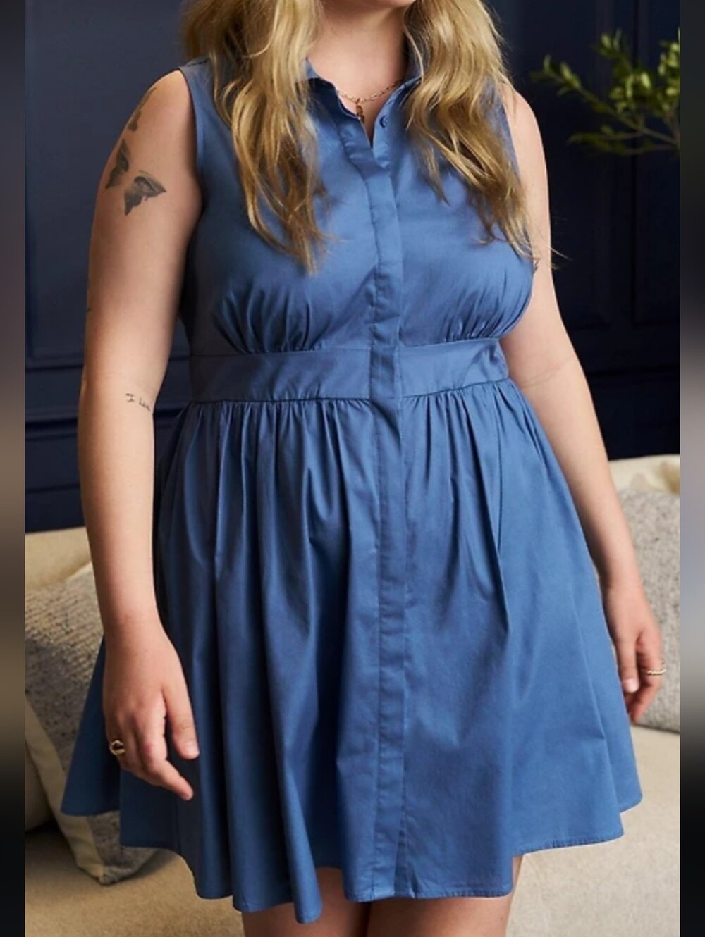 Sleeveless Chambray Blue Button-Front Mini Dress